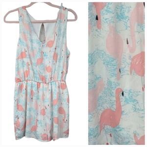 Francesca's Flamingo Romper White Keyhole Open Back L 10/12 Sleeveless le Kate